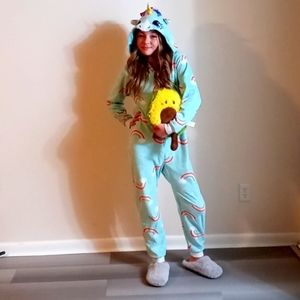 Big Girl's,Super Soft & Cute,Mint Green,🌈 Unicorn🦄,Hooded,Onsie, Zip Down,PJ's